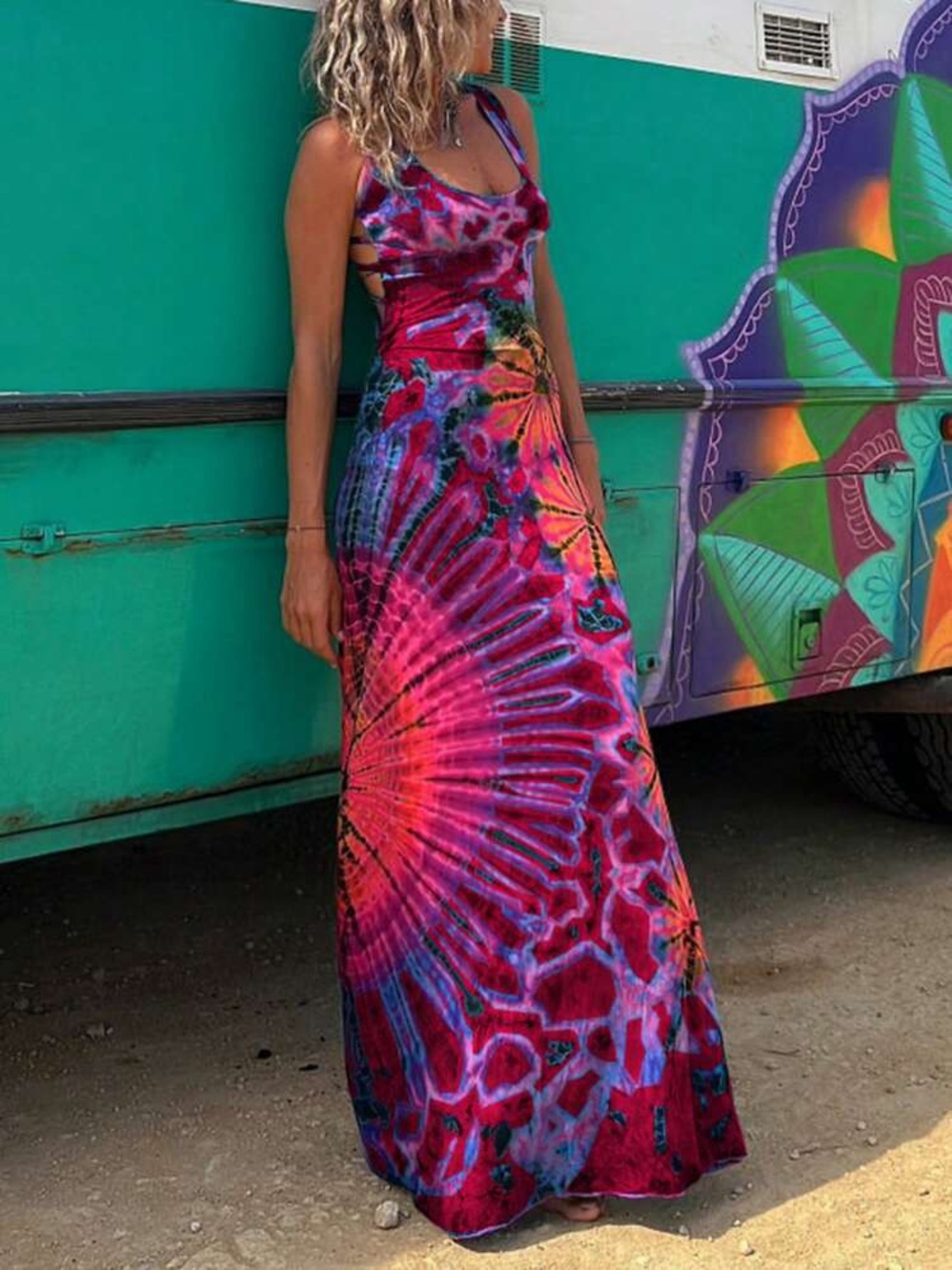 LaBamba Bohemian Tie-Dye Maxi Dress in Vibrant Pink and Purple
